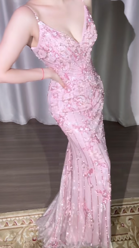 Vintage Pink Spaghetti Strap Mermaid Tulle Beaded Long Prom Dresses,Formal Evening Gowns ED03317