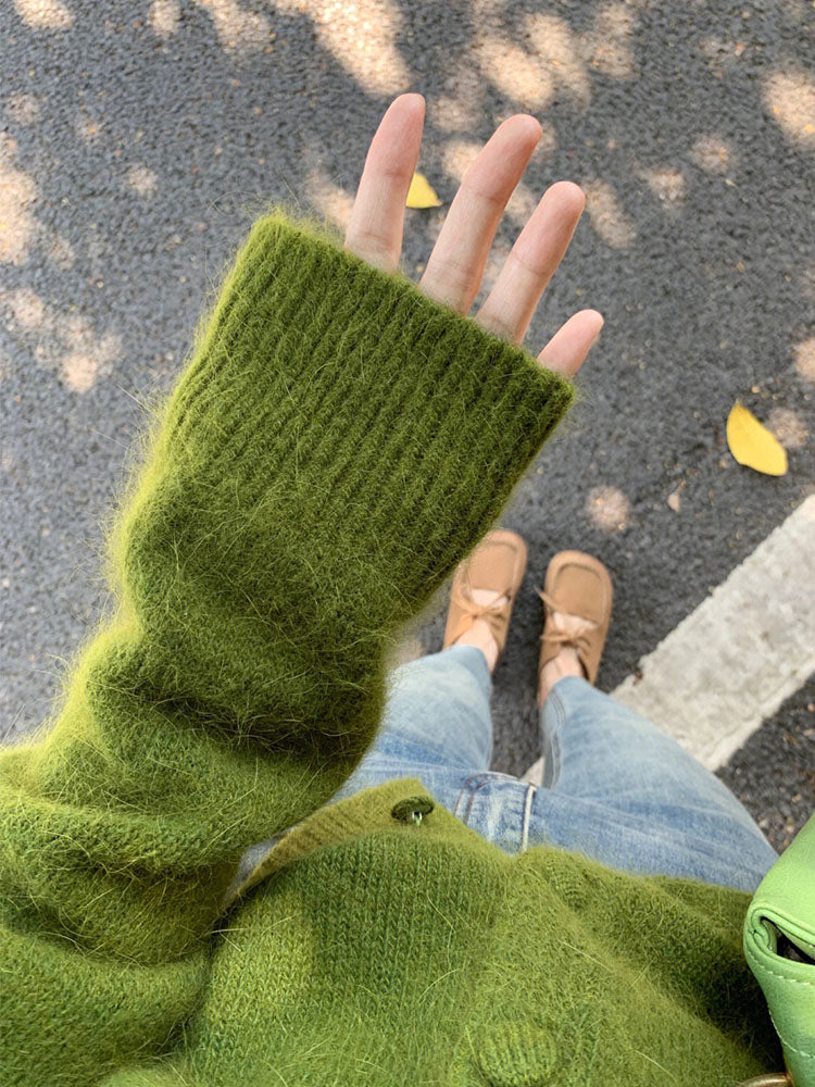Avocado Green Retro Soft V-Neck Knitted Cardigan ED0331