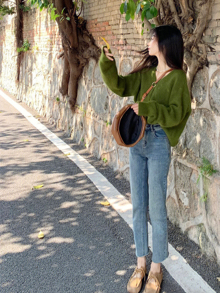 Avocado Green Retro Soft V-Neck Knitted Cardigan ED0331