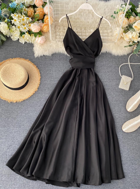 Solid Color Backless Sling High Waist Dress ED0333