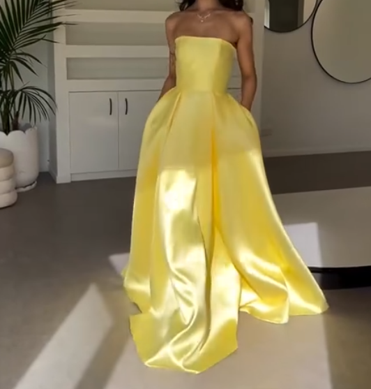 Elegant Yellow Strapless A-Line Satin Long Prom Dresses, Glam Formal Evening Gowns ED03342