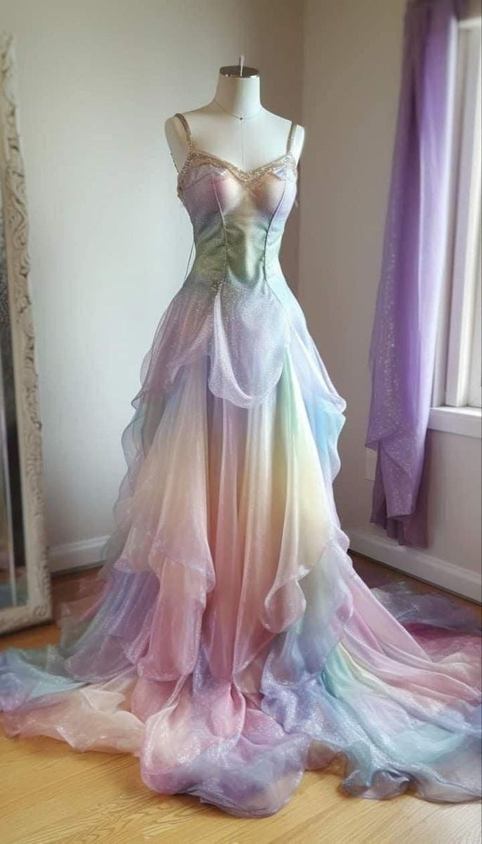 Gorgeous Colorful Spaghetti Strap A-Line Tulle Long Prom Dresses, Stunning Glitter Wedding Dresses ED03344