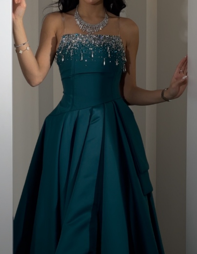 Elegant Jade A-Line Satin Beaded Long Prom Dresses, Strapless Formal Evening Gowns ED03352