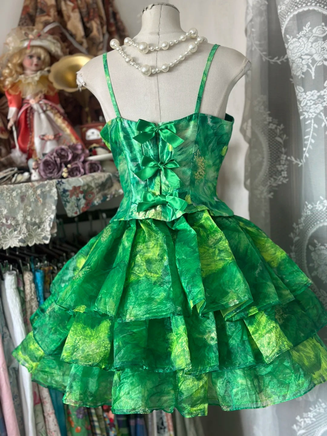 Vintage Green Printed Chiffon Spaghetti Strap Short Ballgowns Birthday Party Dress ED03400