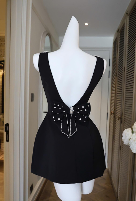 Elegant Black V-neck A-Line Satin Backless Short Homecoming Dress with Bow Party Dress ED03408