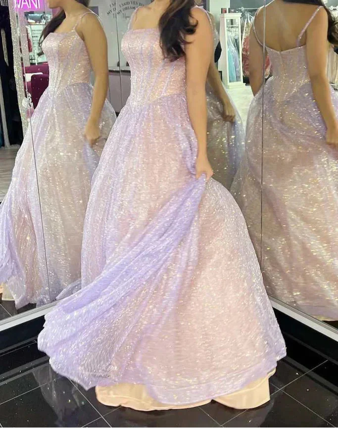 Sweet Lilac A-Line Spaghetti Strap Long Prom Dresses, Glitter Birthday Dress ED03418