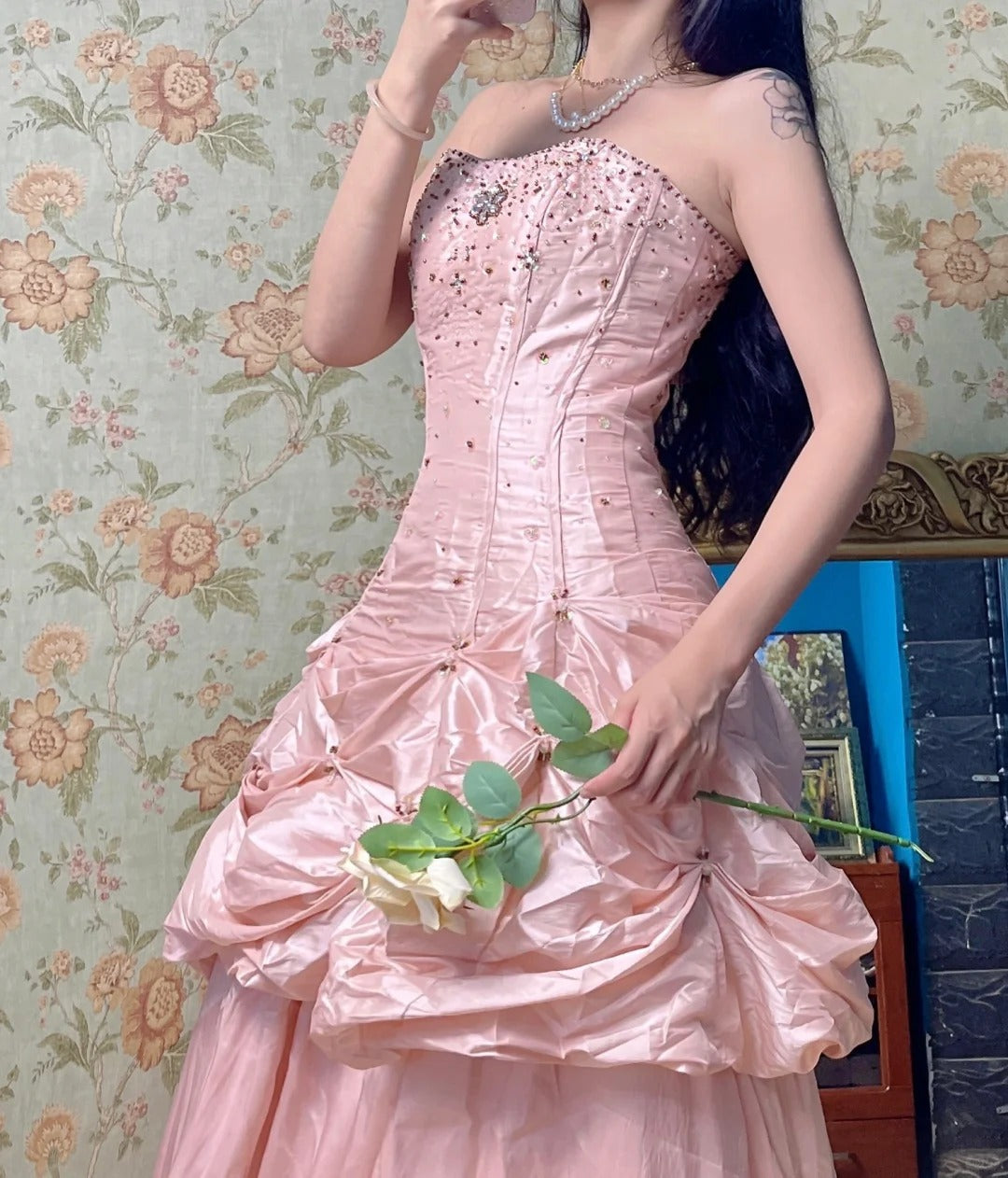 Gorgeous Pink A-Line Strapless Taffeta Beaded Quinceanera Dresses Long Evening Gowns ED03425