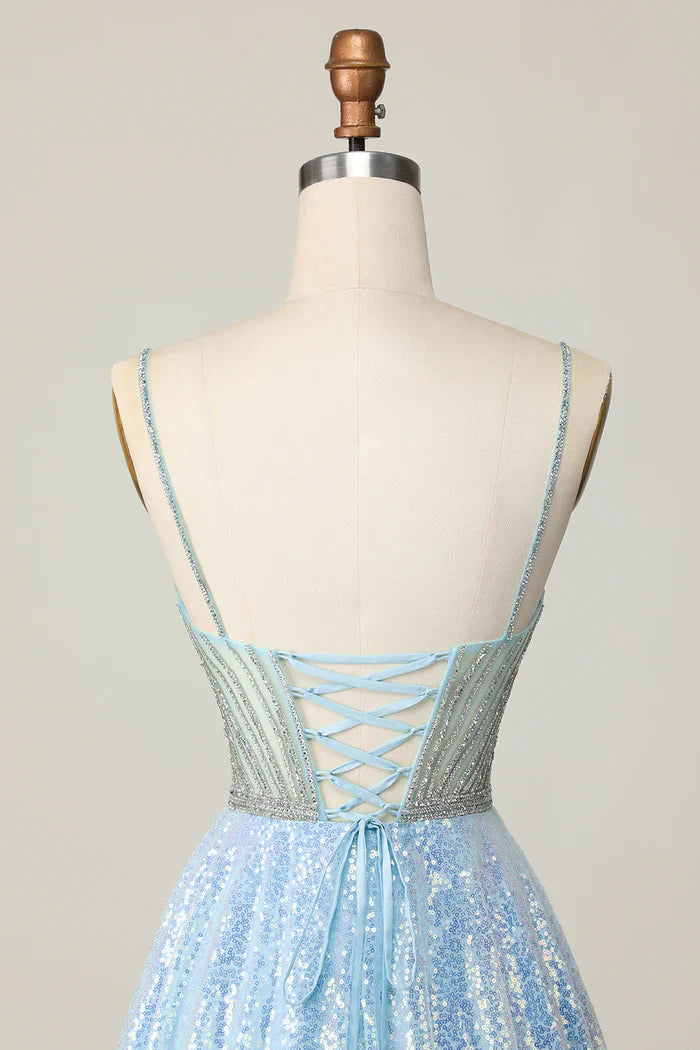 Sparkly Light Blue  A Line V Neck Sequins Homecoming Dress Short Sweet Birthday Dress ED03431