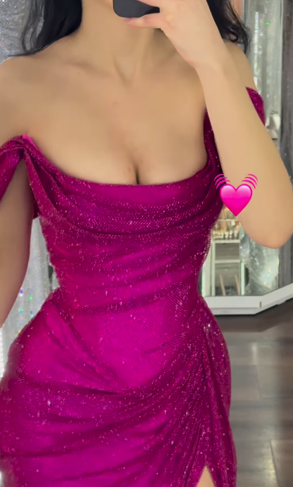 Glamour Fuchsia Off-shoulder Sheath Sparkly Long Prom Dresses, Formal Evening Gowns ED03435