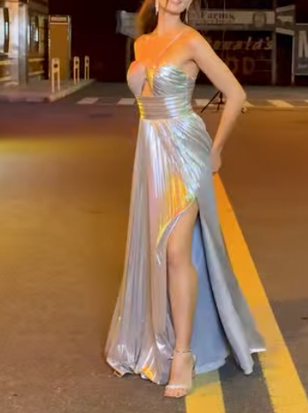 Fashion Silver Halter Sheath Satin Long Prom Dresses, Formal Evening Gowns ED03436