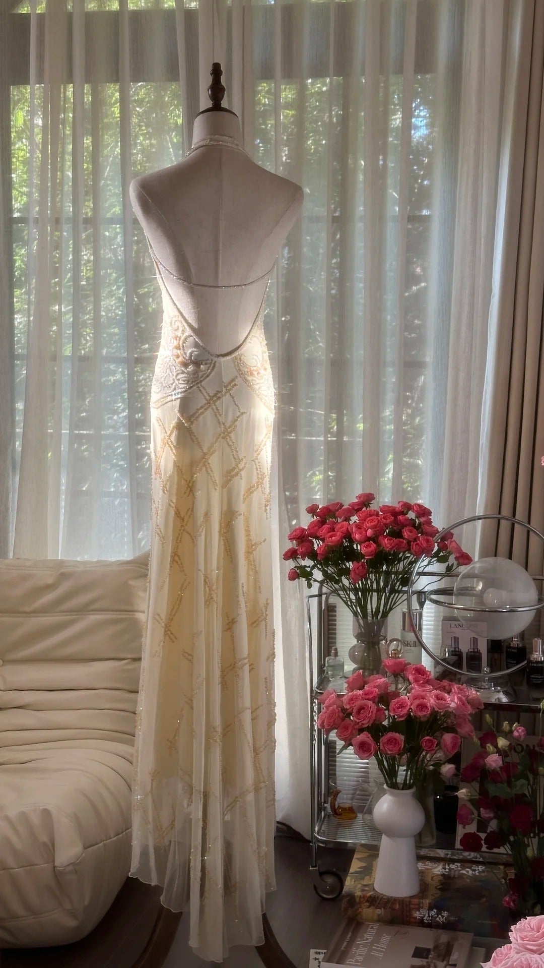 Vintage Off-White V-Neck Sheath Beaded Chiffon Long Backless Prom Dresses, Elegant Evening Gowns ED03451