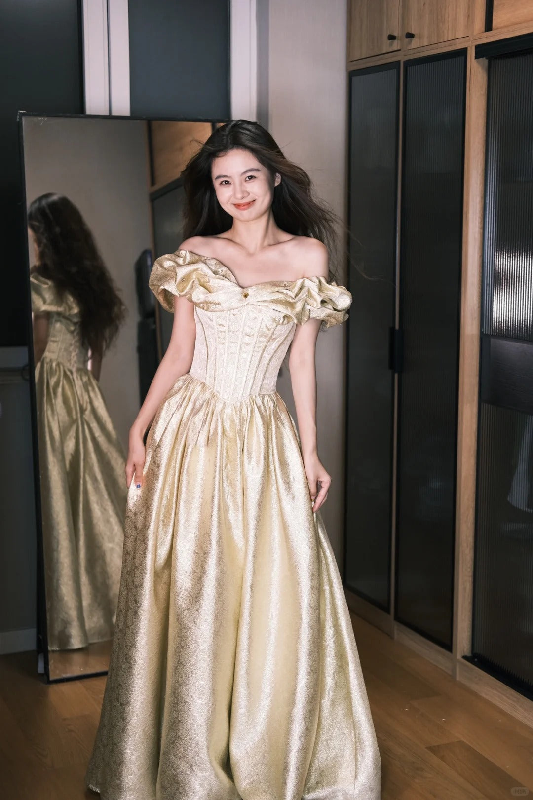 Classic Champagne Gold A-Line Off Shoulder Satin Long Prom Dresses Sweet 16 Dress ED03455