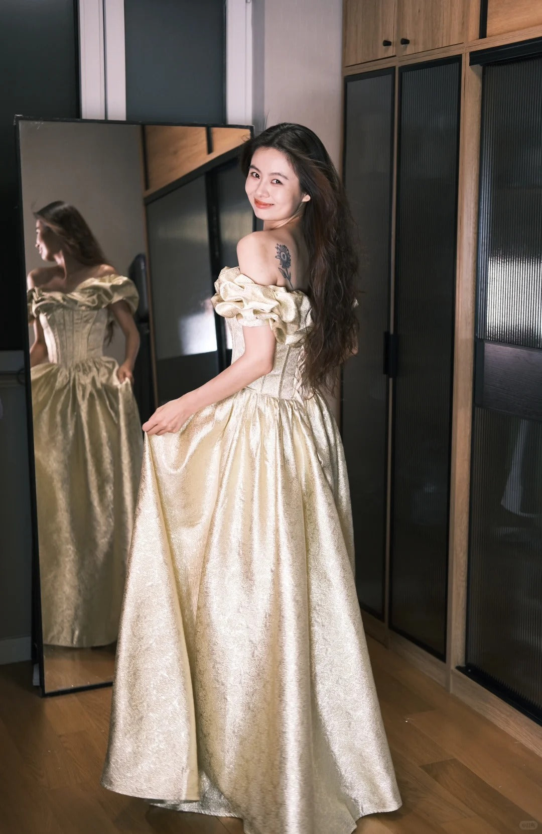 Classic Champagne Gold A-Line Off Shoulder Satin Long Prom Dresses Sweet 16 Dress ED03455