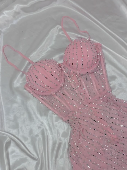 Chic Pink Bodycon Spaghetti Straps Beaded Long Prom Dresses Sweet Birthday Dress ED03457