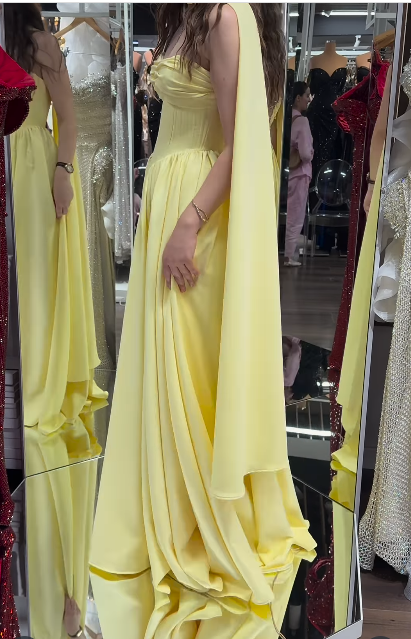 Elegant Butter Yellow A-Line Strapless Chiffon Long Prom Dresses Graduation Dress ED03458