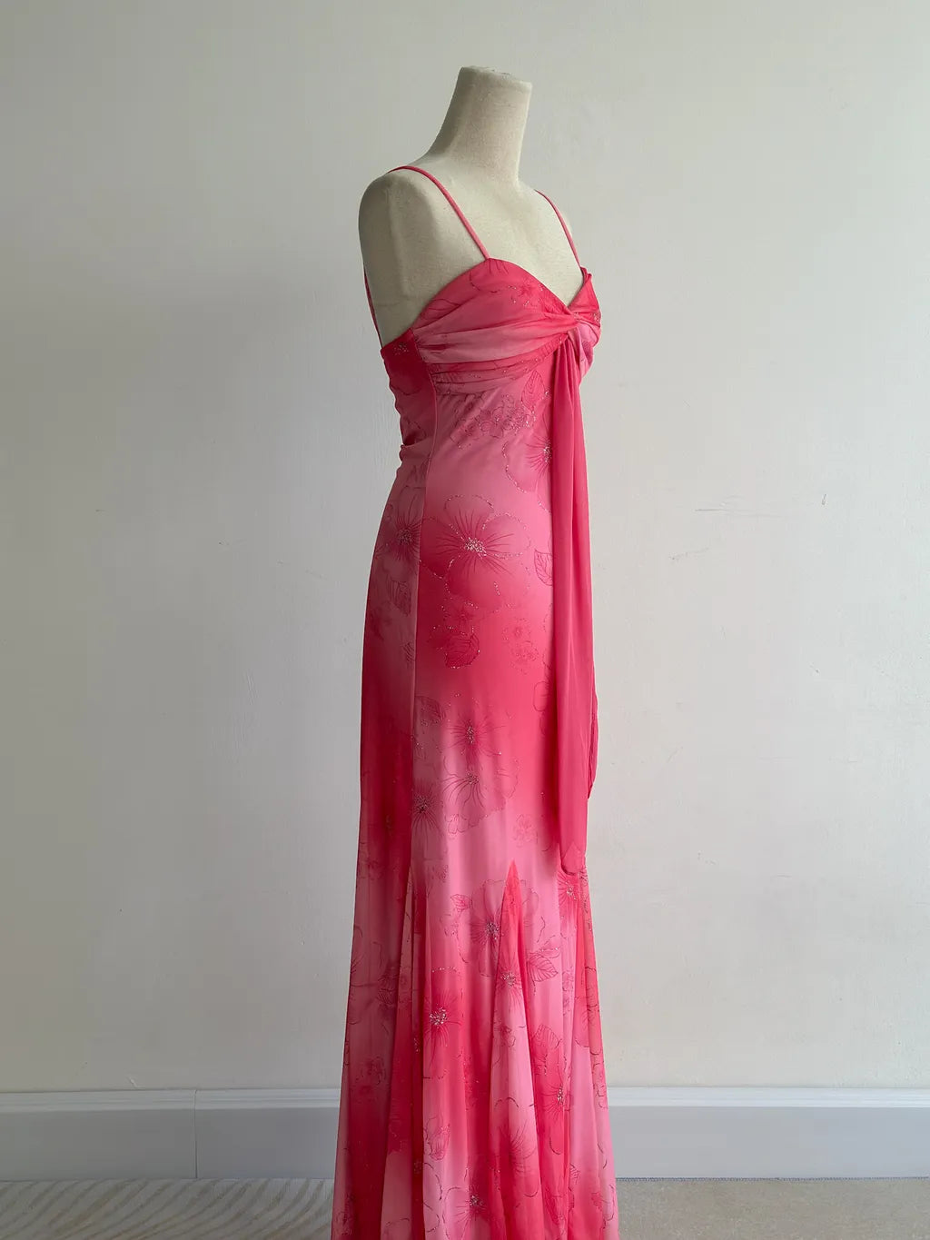 Vintage Hot Pink Mermaid Spaghetti Strap Printed Chiffon Long Prom Dresses, Elegant Evening Gowns ED03460