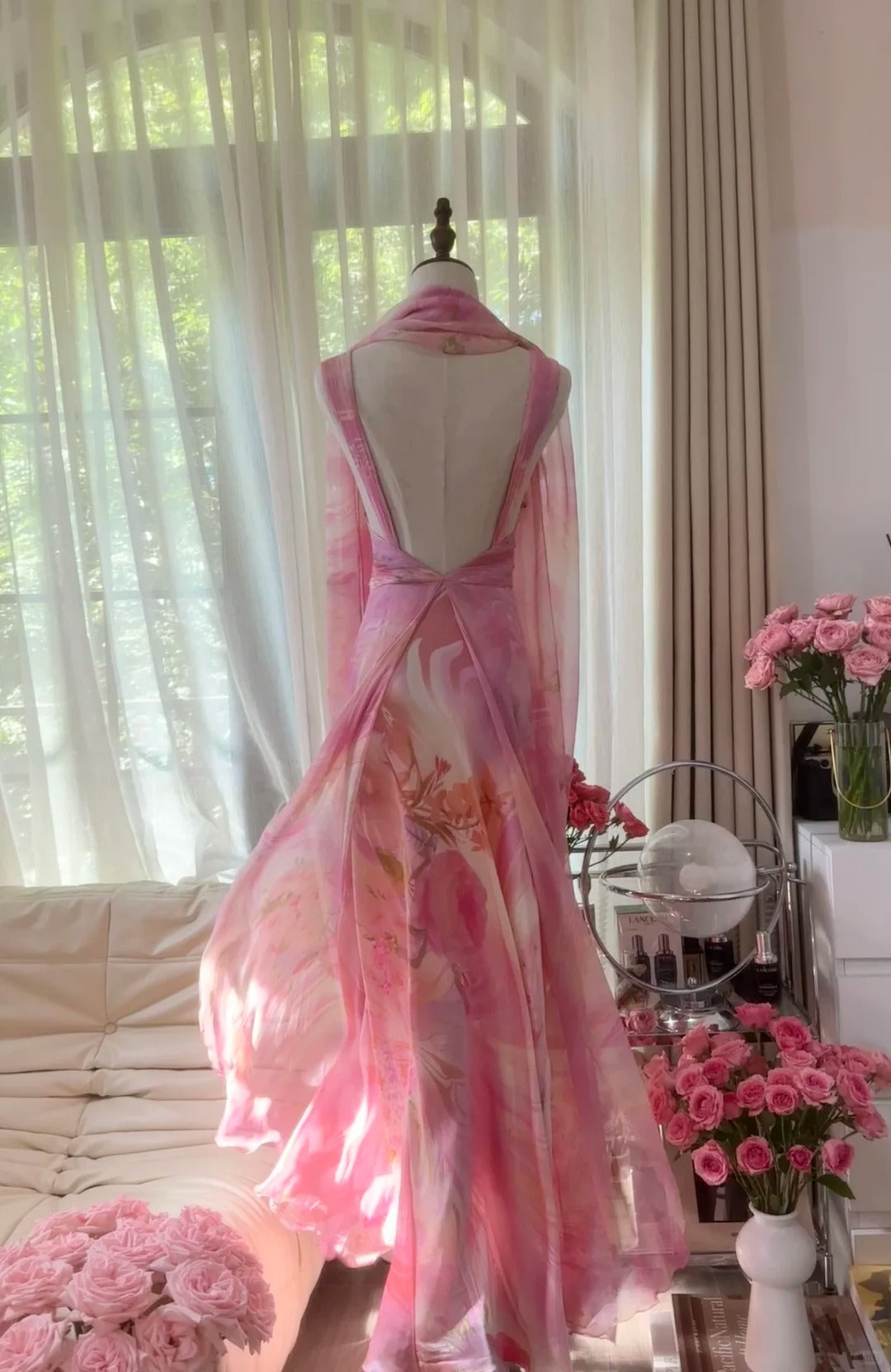 Elegant Pink Strap Sheath Print Chiffon Prom Dresses, Vintage Evening Gowns ED03462