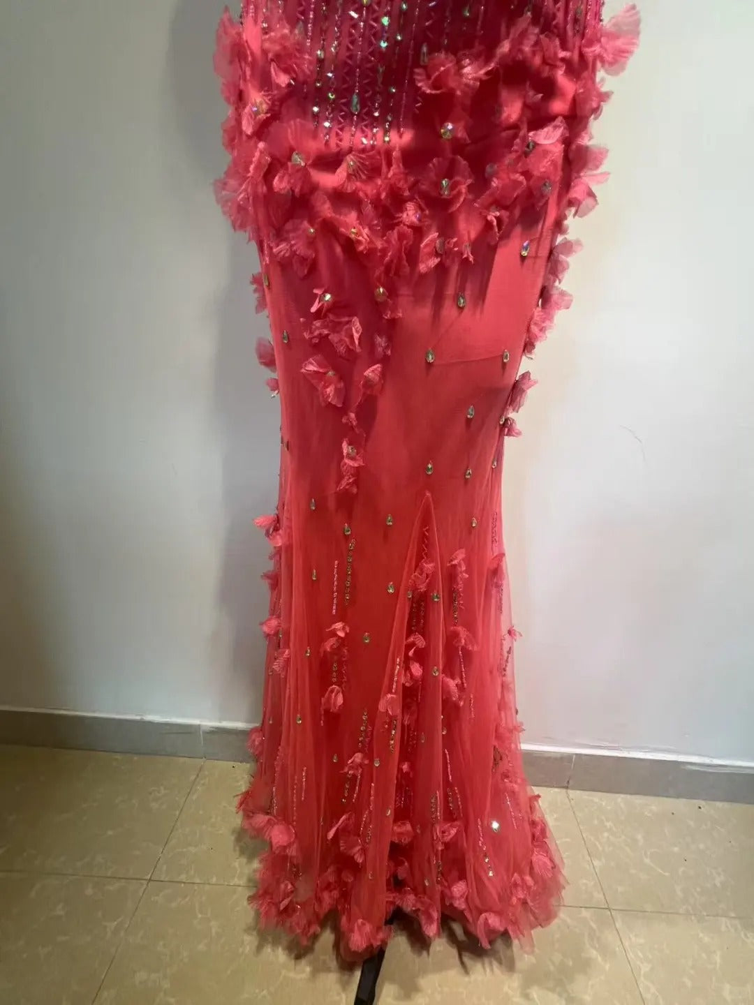 Gorgeous Hot Pink Spaghetti Strap Mermaid Tulle Beaded Long Prom Dress Vintage Evening Dress ED03475