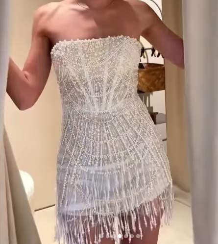 Gorgeous White Strapless Bodycon Pearl Tassel Short Prom Dresses Fashion Party Dress ED03484