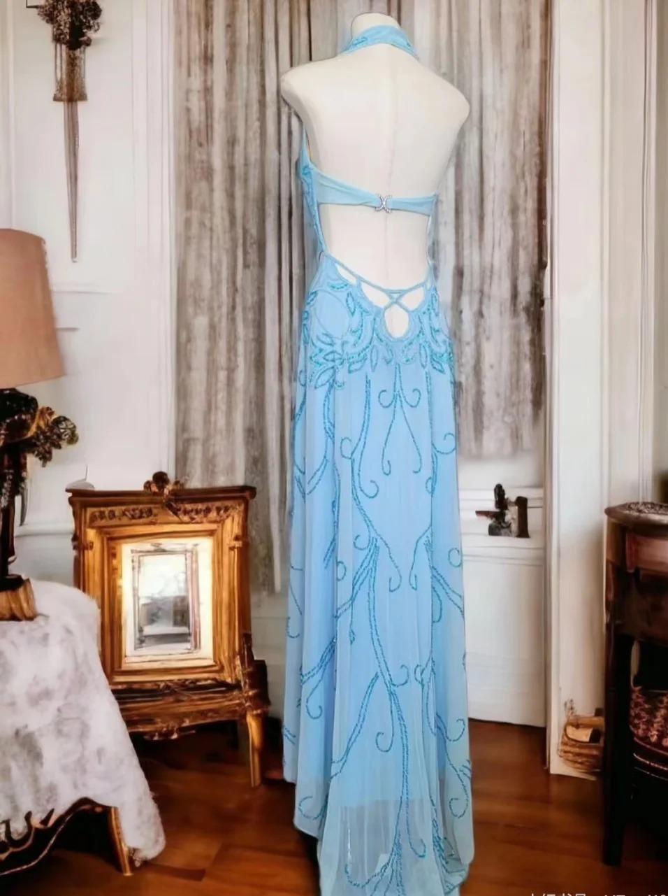 Elegant Blue Halter Neck Sheath Chiffon Beaded Backless Long Prom Dresses Formal Evening Dresses ED03496