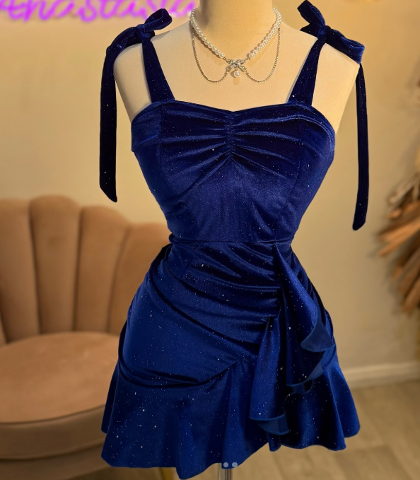 Chic Blue Spaghetti Strap A-Line Velvet Short Birthday Dress Outdoor Party Outfit ED03501