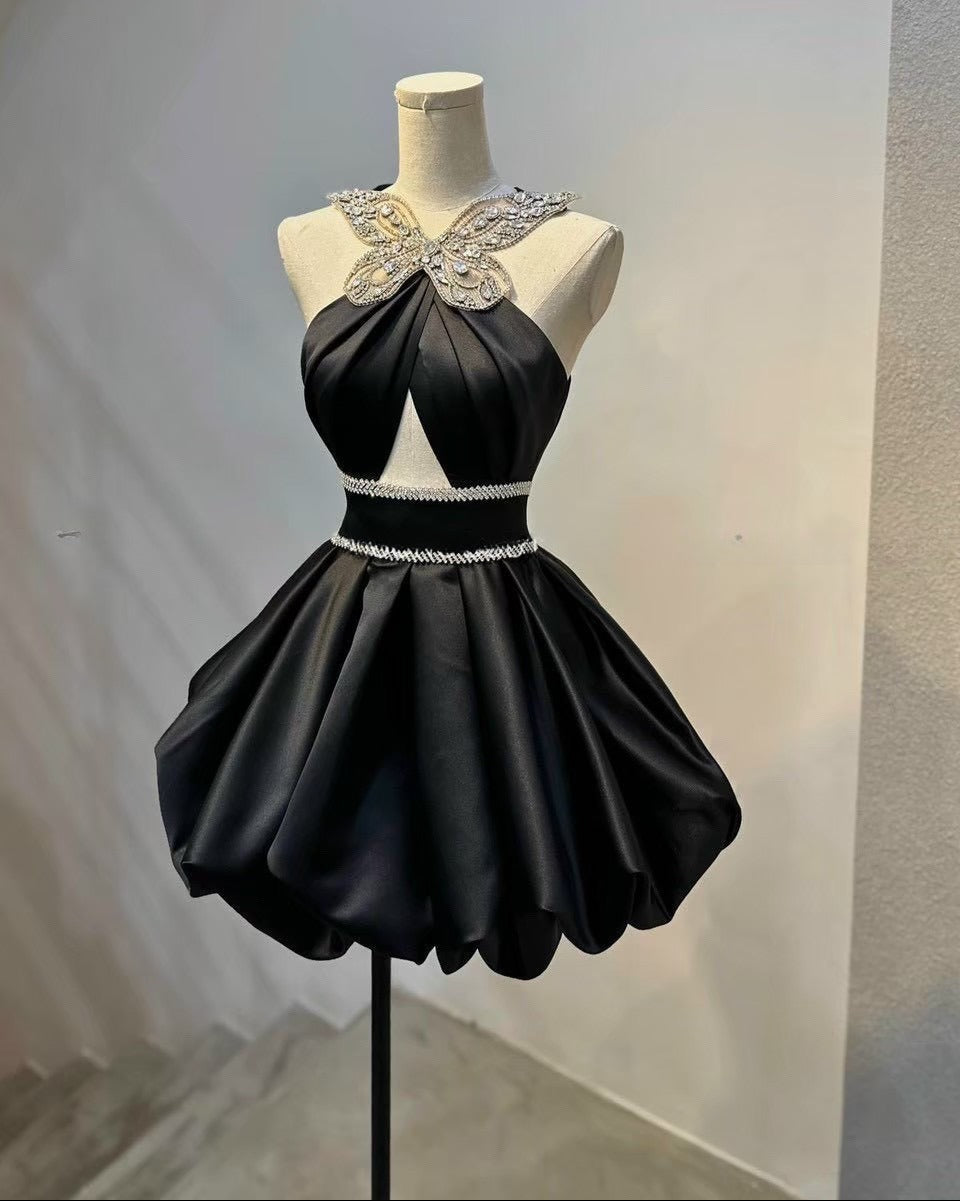 Elegant Black Halter A-Line Satin Short Party Dress Fashion Homecoming Dress ED03502