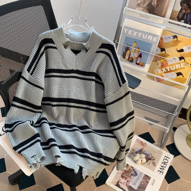 Korean style V-neck ripped striped sweater ED0353
