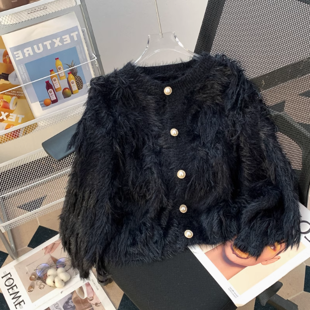 Faux Mink Velvet Round Neck Chanel Style Soft Waxy Knitted Cardigan ED0354
