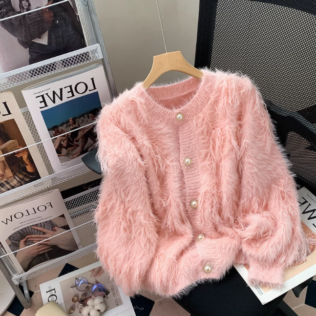 Faux Mink Velvet Round Neck Chanel Style Soft Waxy Knitted Cardigan ED0354
