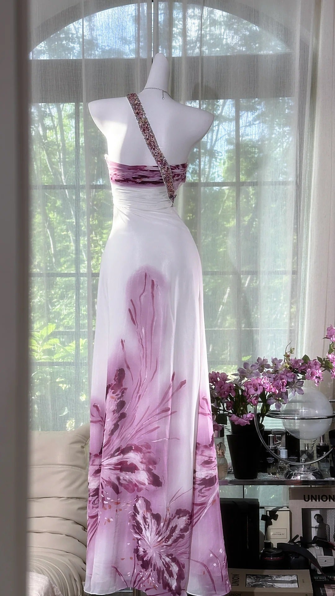 Elegant One Shoulder Printed Chiffon Sheath Long Prom Dresses Vintage Formal Dresses ED03579