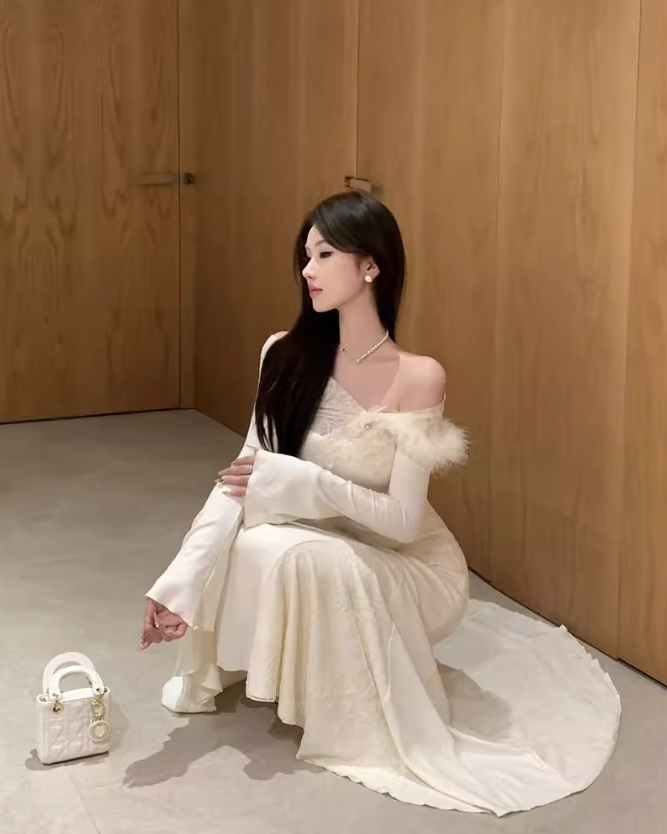 French one-shoulder knitted patchwork soft lace slim fishtail dress ED0368