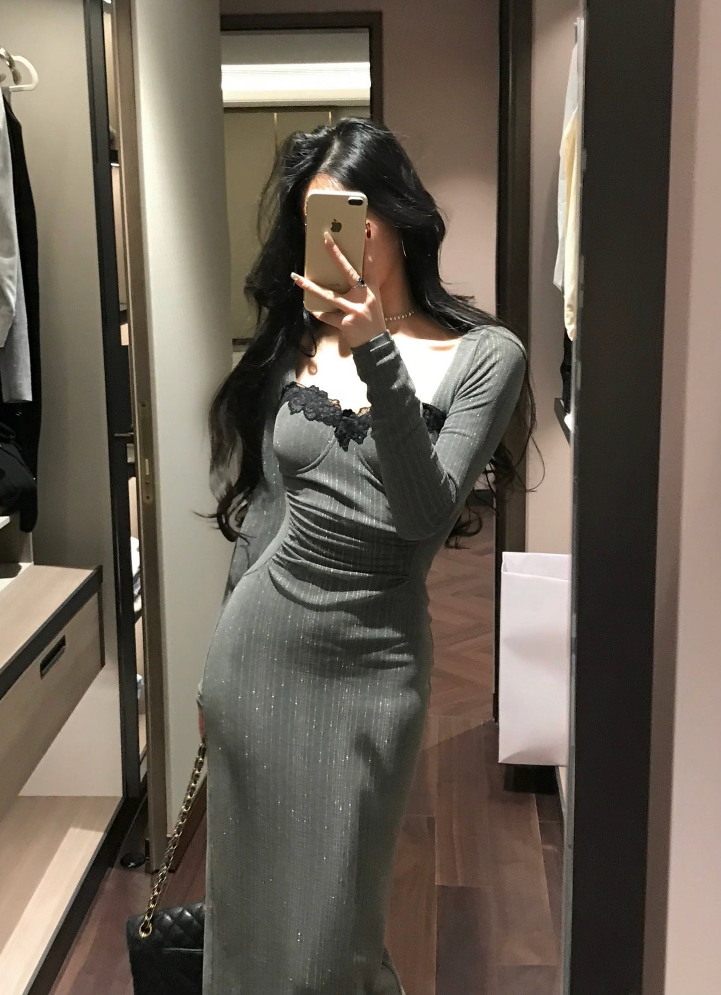 Lace patchwork mesh waist slimming knitted dress ED0371