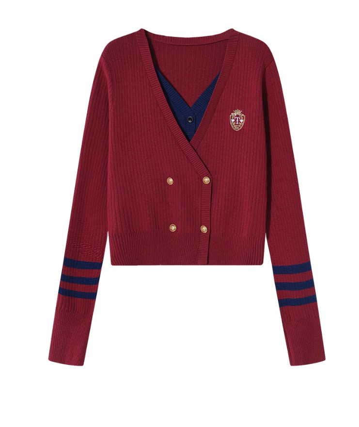 College style fake two-piece V-neck sweater ED0388