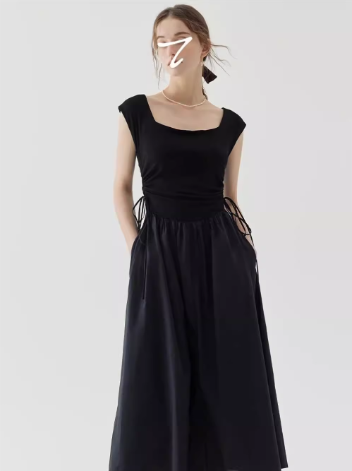 French Square Neck Beach Vacation Suspender Long Dress ED0397