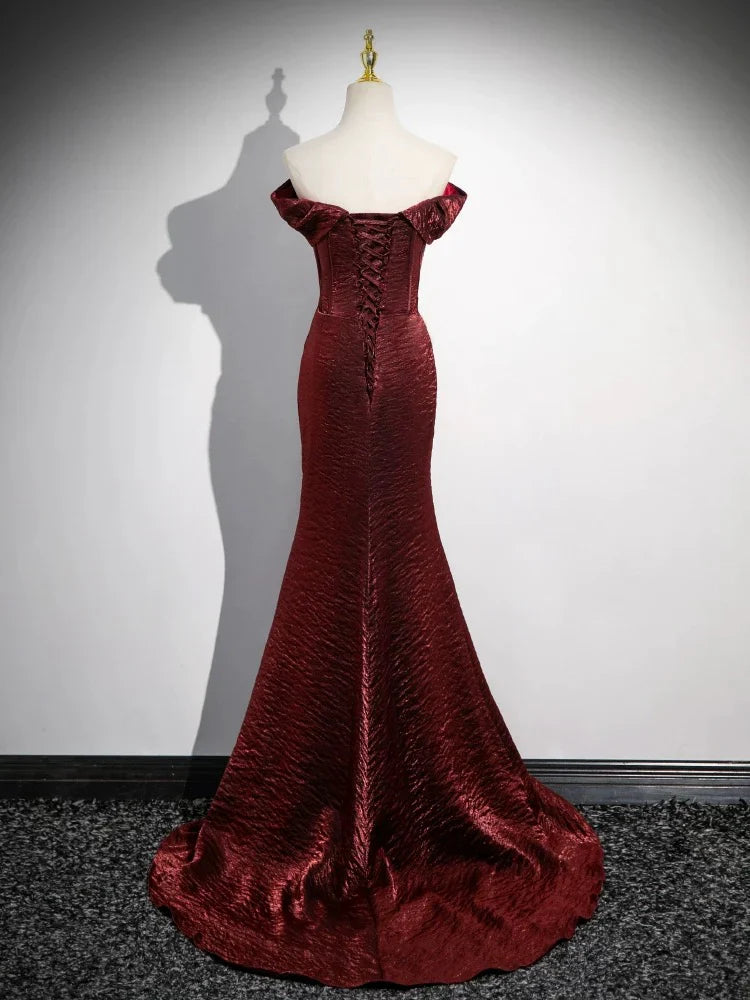 Simple Off Shoulder Burgundy Long Prom Dress, Burgundy Long Formal Dress ED040