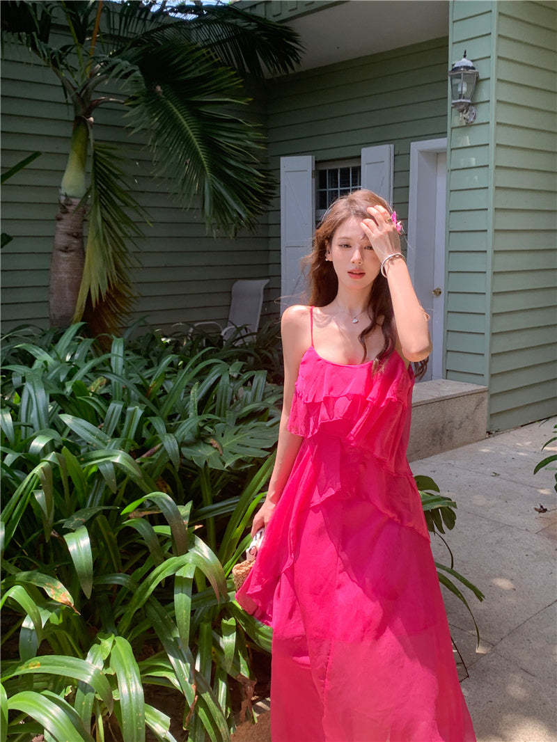 Seaside holiday chiffon ruffled suspender dress ED0413