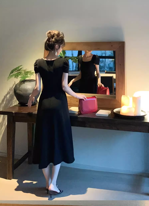 French retro elegant A-line square neck puff sleeve dress ED0421