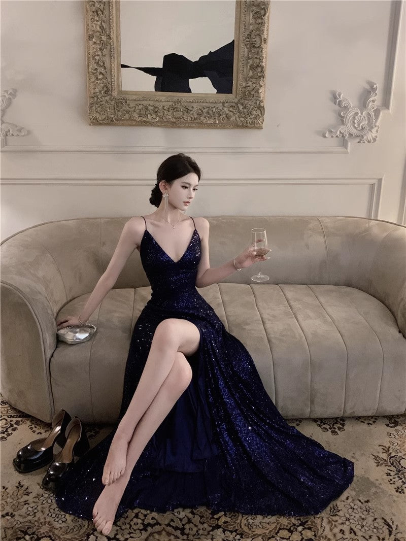 Navy Blue Spaghetti Strap A-Line  V-Neck Sequined Long Prom Dress, Adult Ceremony Graduation Evening dress ED0426
