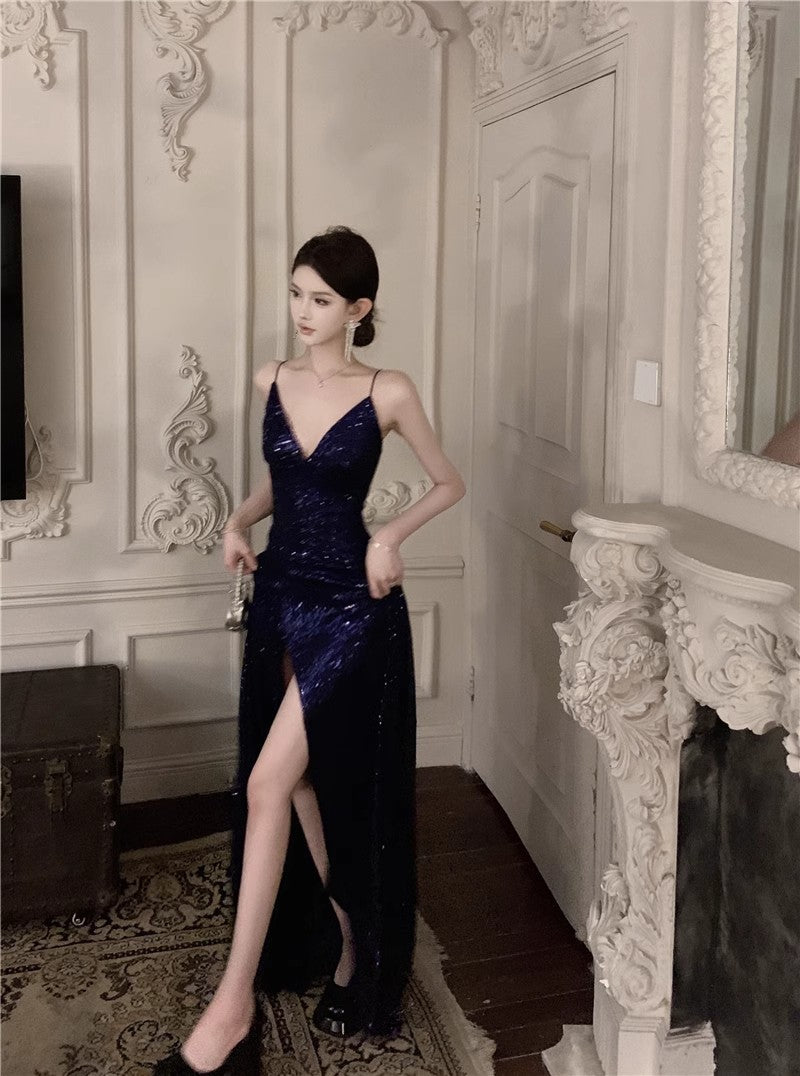 Navy Blue Spaghetti Strap A-Line  V-Neck Sequined Long Prom Dress, Adult Ceremony Graduation Evening dress ED0426