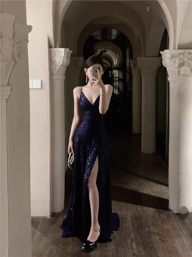 Navy Blue Spaghetti Strap A-Line  V-Neck Sequined Long Prom Dress, Adult Ceremony Graduation Evening dress ED0426