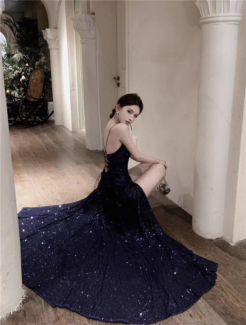 Navy Blue Spaghetti Strap A-Line  V-Neck Sequined Long Prom Dress, Adult Ceremony Graduation Evening dress ED0426