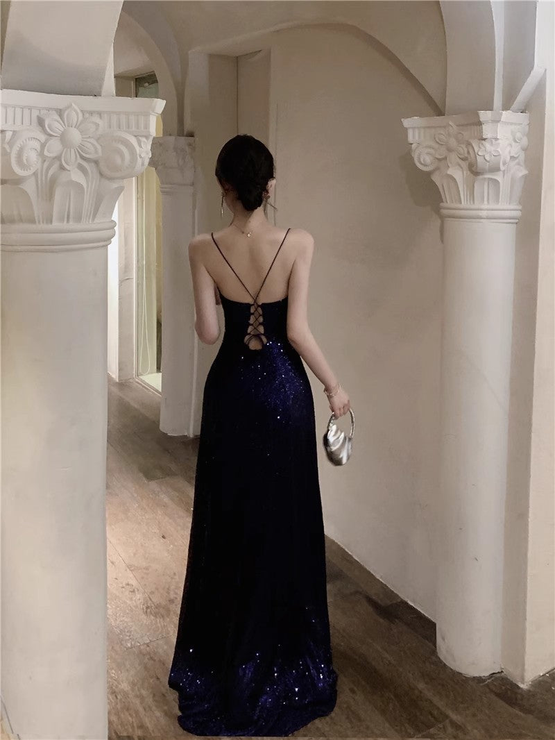 Navy Blue Spaghetti Strap A-Line  V-Neck Sequined Long Prom Dress, Adult Ceremony Graduation Evening dress ED0426