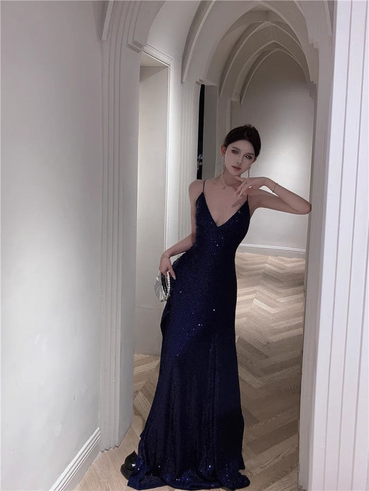 Navy Blue Spaghetti Strap A-Line  V-Neck Sequined Long Prom Dress, Adult Ceremony Graduation Evening dress ED0426