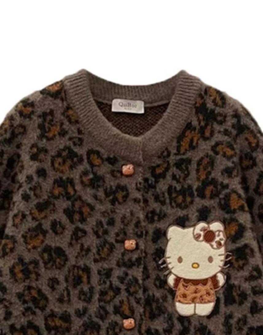 Leopard Print Embroidery Long Sleeve Thick Knitted Cardigan ED0454