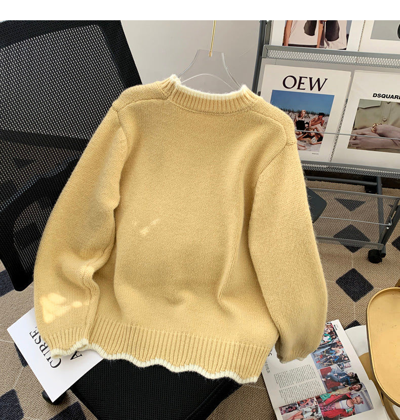 Korean style puppy embroidery round neck contrast color sweater ED0455