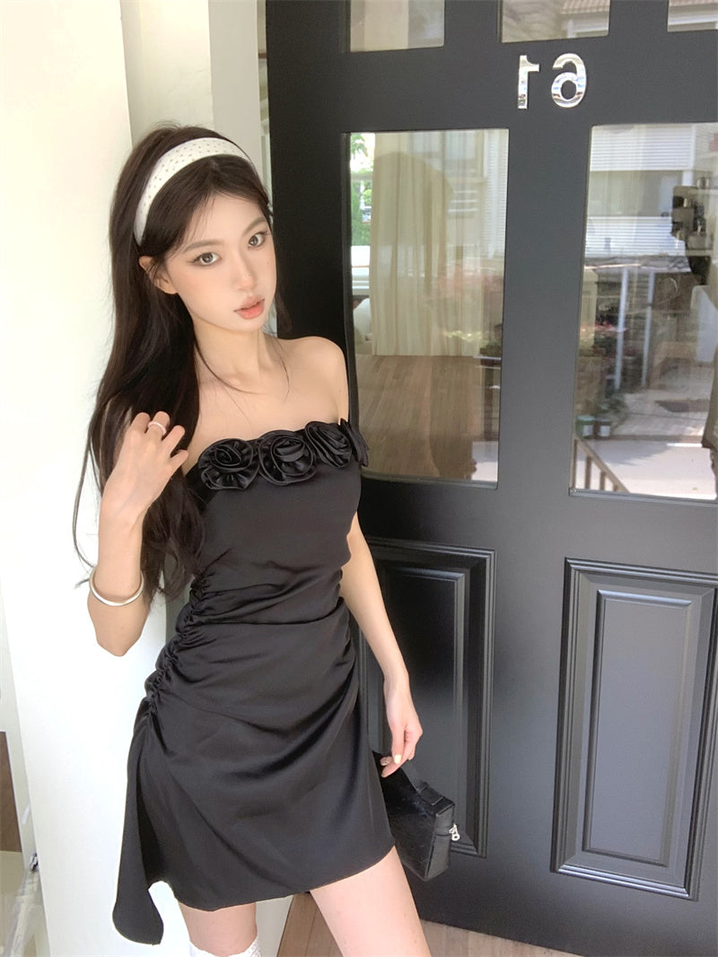 Three-dimensional flower tube top A-line slim dress ED0462