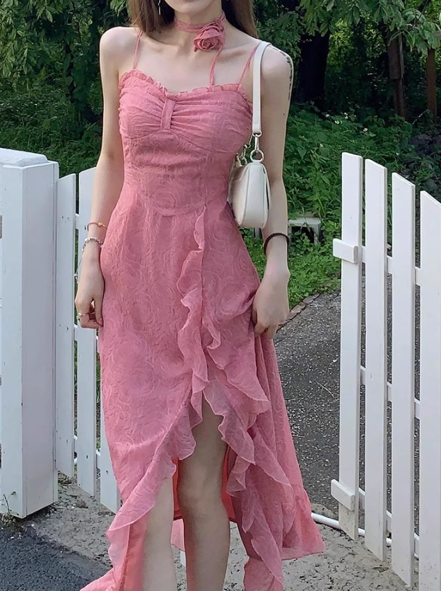 French Rose Print Ruffled Slit Suspender Maxi Dress ED0471