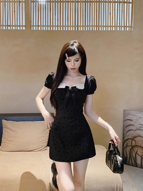 French A-line bow stitching black dress ED0474