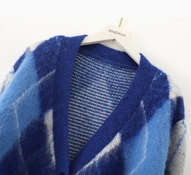 Korean style heavy diamond jacquard mid-length knitted cardigan ED0478