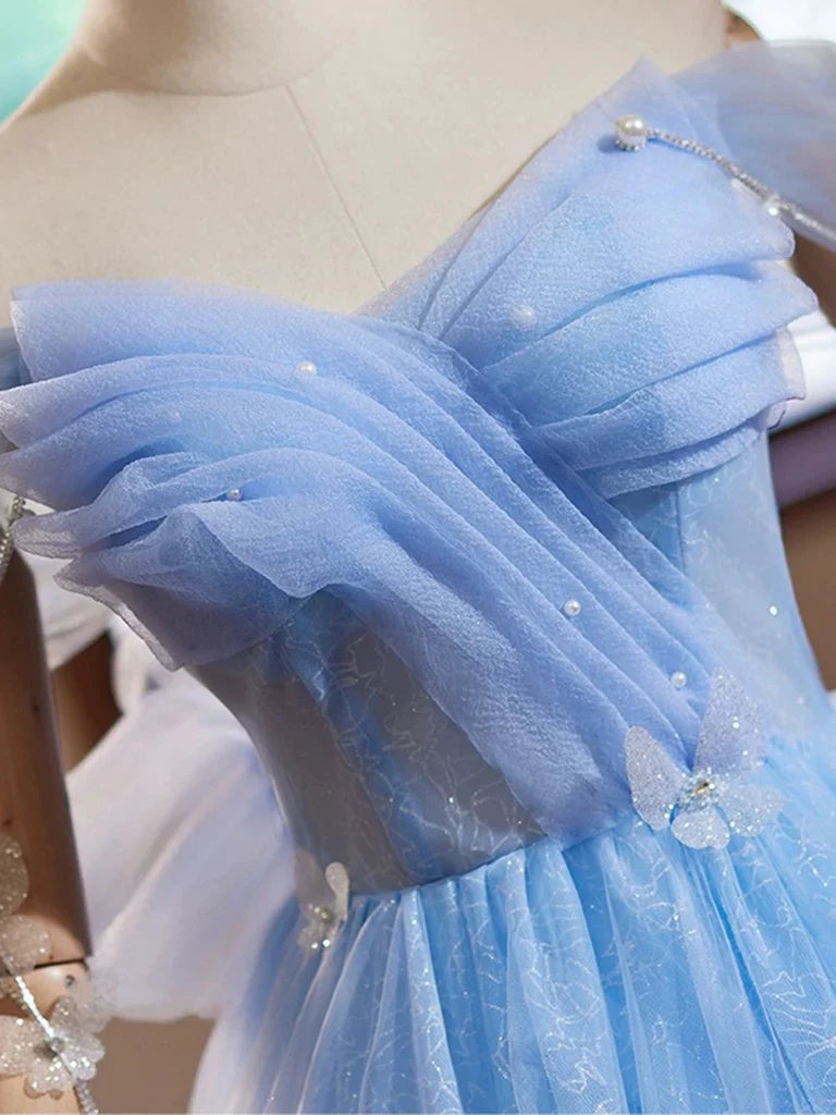 A-Line Sweetheart Neck Off Shoulder Blue Short Prom Dress with Beads ED048